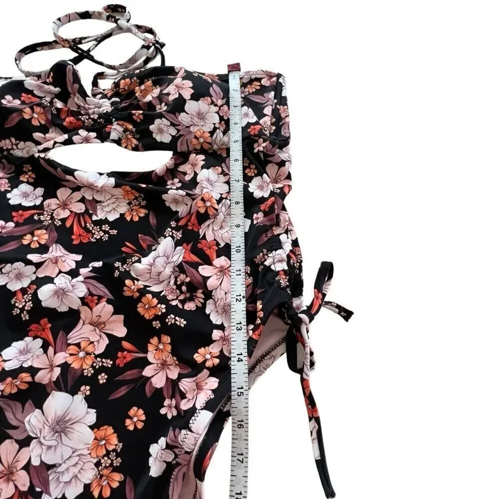 Shade and Shore Black Floral Halter Keyhole Bandeau One Piece Swimsuit
